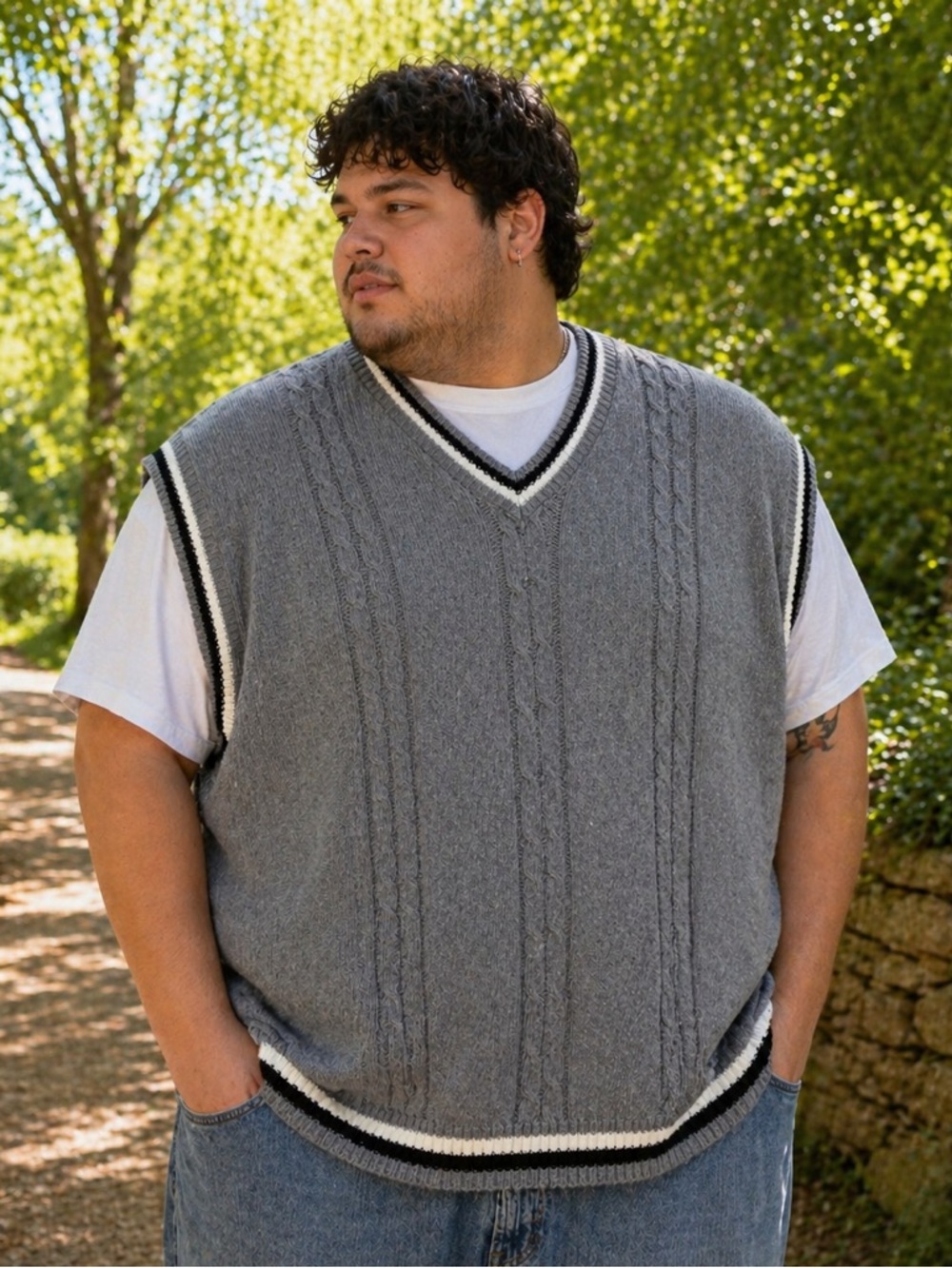 Gray Cable Knit Sweater Vest XXL | V-Neck Preppy Style
